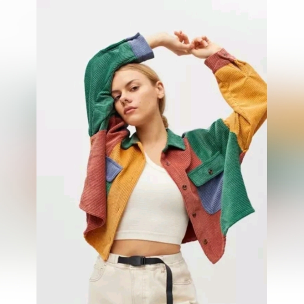 BDG Colorblock Corduroy Utility Jacket in Green, Mustard & Rust